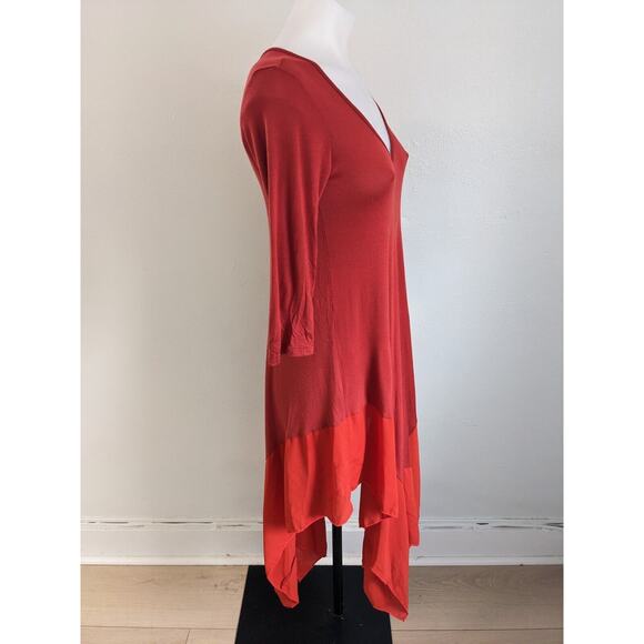 Ming Ming Size Medium Handkerchief Hem Shift Dress Red Orange Colorblock V Neck - Picture 8 of 13